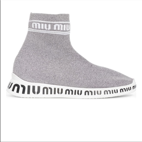 Miu Miu Shoes - {Miu Miu} Metallic Logo Sock Slip On Sneaker